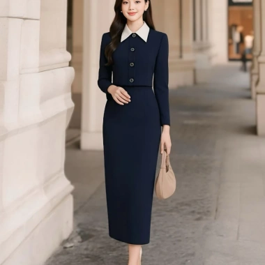 Set công sở nữ cao cấp áo tay dài phối cổ trắng và chân váy dài ôm thanh lịch - Giá ưu đãi 379k