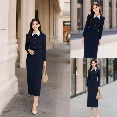 Set công sở nữ cao cấp áo tay dài phối cổ trắng và chân váy dài ôm thanh lịch - Giá ưu đãi 379k