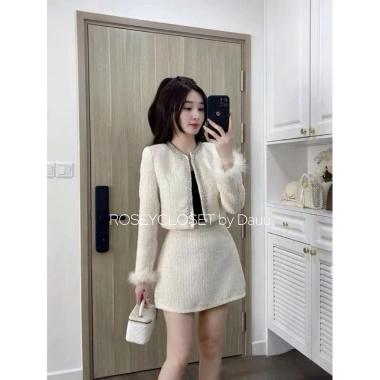 Set Dạ Đông Tweed viền kim tuyến, tay lông cao cấp Loại 1 – Rosey.closet, giá chỉ 458.000₫