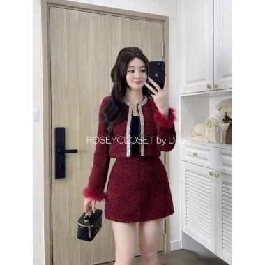 Set Dạ Đông Tweed viền kim tuyến, tay lông cao cấp Loại 1 – Rosey.closet, giá chỉ 458.000₫