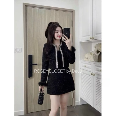 Set Dạ Đông Tweed viền kim tuyến, tay lông cao cấp Loại 1 – Rosey.closet, giá chỉ 458.000₫