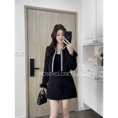 Set Dạ Đông Tweed viền kim tuyến, tay lông cao cấp Loại 1 – Rosey.closet, giá chỉ 458.000₫
