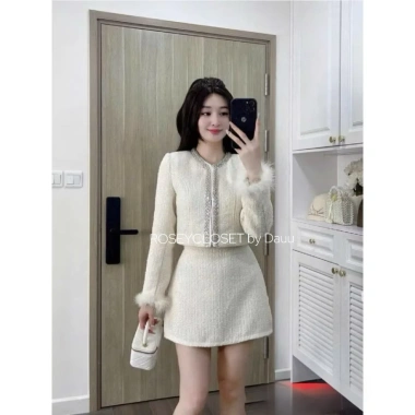 Set Dạ Đông Tweed viền kim tuyến, tay lông cao cấp Loại 1 – Rosey.closet, giá chỉ 458.000₫