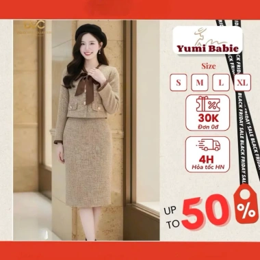 Set dạ vest tweed cao cấp & chân váy bút chì – Đầm công sở sang trọng nơ cổ DS7.098 chỉ 675k