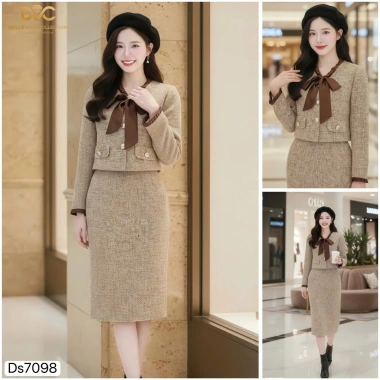 Set dạ vest tweed cao cấp & chân váy bút chì – Đầm công sở sang trọng nơ cổ DS7.098 chỉ 675k