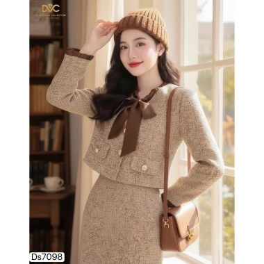 Set dạ vest tweed cao cấp & chân váy bút chì – Đầm công sở sang trọng nơ cổ DS7.098 chỉ 675k