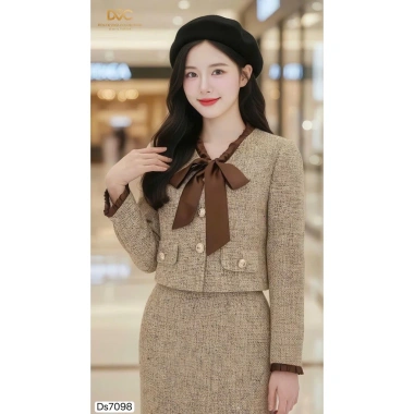 Set dạ vest tweed cao cấp & chân váy bút chì – Đầm công sở sang trọng nơ cổ DS7.098 chỉ 675k