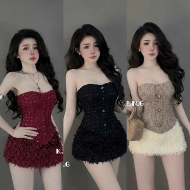 Set đầm nữ sang chảnh cúp dạ mix váy lông tiệc Tết - Giá ưu đãi 390.370₫