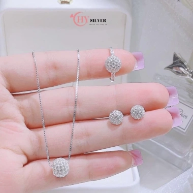 Set dây chuyền nhẫn bông tai bạc nữ CHY SILVER hình cầu đá 10 li - Bạc thật, giá 250k