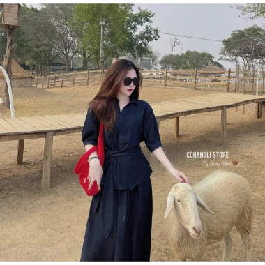 Set denim áo buộc eo và váy midi thời trang, giảm giá chỉ 199.000 VND