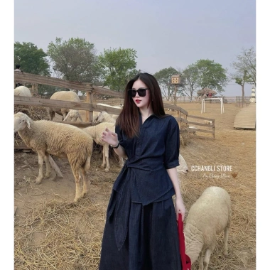 Set denim áo buộc eo và váy midi thời trang, giảm giá chỉ 199.000 VND 2