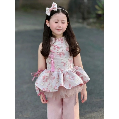 Set đồ bé gái áo gấm hồng, quần ống suông xinh xắn thời trang Tết - 370.000đ