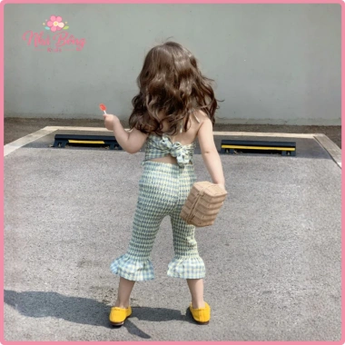 Set Đồ Bé Gái Áo Hai Dây + Quần Ống Loe Caro Cotton Mềm Mát - Giá Ưu Đãi 208.000đ 3