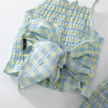 Set Đồ Bé Gái Áo Hai Dây + Quần Ống Loe Caro Cotton Mềm Mát - Giá Ưu Đãi 208.000đ 5