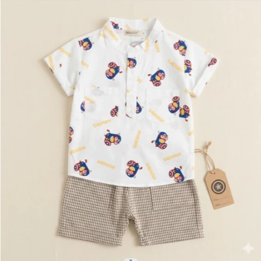 Set đồ bé trai 9-46kg: sơ mi ngắn tay họa tiết dễ thương + quần short kaki cotton thoáng mát, giảm còn 216.000đ 2