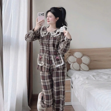 Set đồ bộ mặc nhà Kate tay dài cổ tiểu thư, quần suông dài 3 màu, ưu đãi 223k