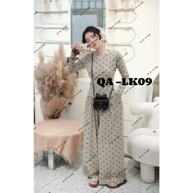 Set đồ bộ mặc nhà tay dài chấm bi, quần suông dài viền ren, 4 màu trẻ trung 45-85kg