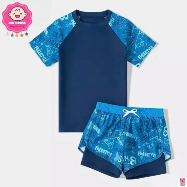 Set đồ bơi 2 mảnh 10-38kg cho bé trai - Màu loang, chữ nổi bật, quần 2 lớp, đi biển du lịch 5