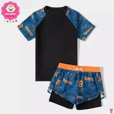 Set đồ bơi 2 mảnh 10-38kg cho bé trai - Màu loang, chữ nổi bật, quần 2 lớp, đi biển du lịch 6