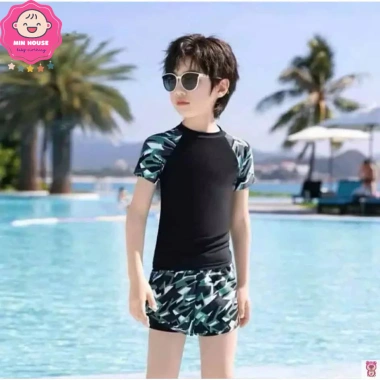 Set đồ bơi 2 mảnh 10-38kg cho bé trai - Màu loang, chữ nổi bật, quần 2 lớp, đi biển du lịch 7
