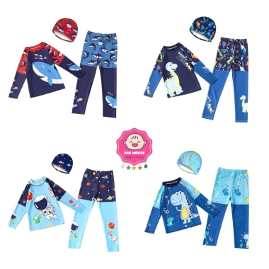 Set đồ bơi bé trai 15-35kg dưới 1m35 – áo tay dài, quần dài, nón vải, giá ưu đãi 189.000đ