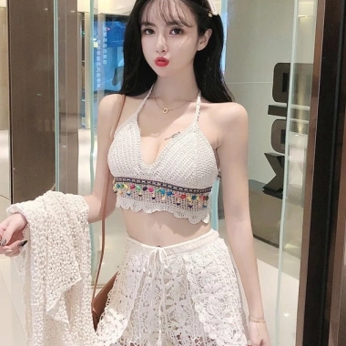 Set đồ đi biển áo choàng, quần ren, áo bra viền thổ cẩm - bikini bán tách 99k