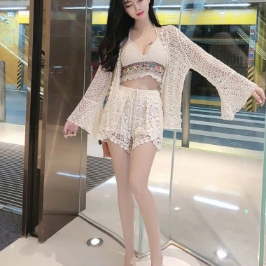 Set đồ đi biển áo choàng, quần ren, áo bra viền thổ cẩm - bikini bán tách 99k