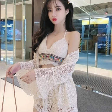 Set đồ đi biển áo choàng, quần ren, áo bra viền thổ cẩm - bikini bán tách 99k