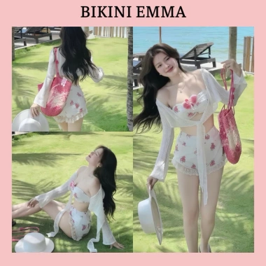 Set Đồ Đi Biển Nữ EMMA Xinh Xắn 3 Món Hoạ Tiết Hoa, Tặng Hoa Lan Đính Áo, Giá 189k