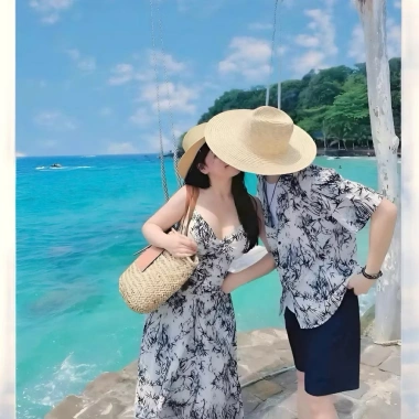 Set đồ đôi áo váy cặp đôi đi biển lụa họa tiết in siêu đẹp Giá 399k 4