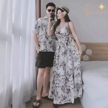 Set đồ đôi áo váy cặp đôi đi biển lụa họa tiết in siêu đẹp Giá 399k 5