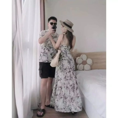 Set đồ đôi áo váy cặp đôi đi biển lụa họa tiết in siêu đẹp Giá 399k 7