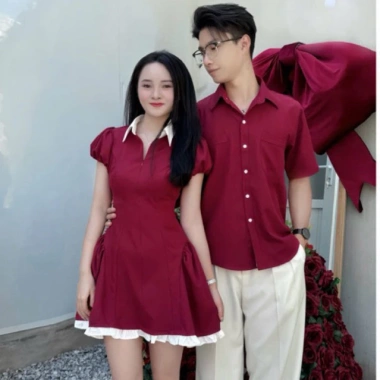 Set đồ đôi áo váy sơ mi đỏ viền trắng Bigsize nam nữ Giáng sinh Tết 199k 5
