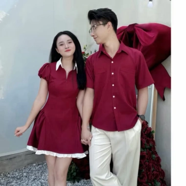 Set đồ đôi áo váy sơ mi đỏ viền trắng Bigsize nam nữ Giáng sinh Tết 199k 10