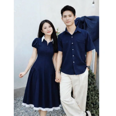 Set đồ đôi couple size lớn nam 110kg nữ 90kg, đồng phục gia đình xanh navy béo trắng dài xinh 2