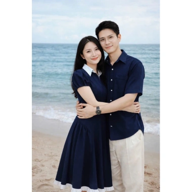 Set đồ đôi couple size lớn nam 110kg nữ 90kg, đồng phục gia đình xanh navy béo trắng dài xinh 4