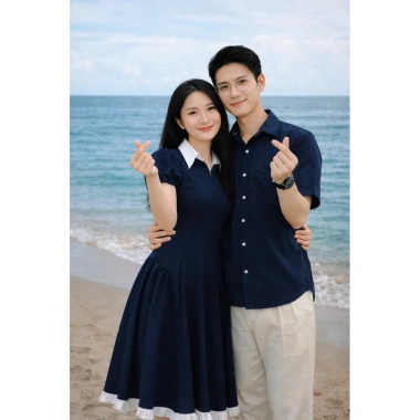 Set đồ đôi couple size lớn nam 110kg nữ 90kg, đồng phục gia đình xanh navy béo trắng dài xinh 5