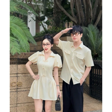 Set Đồ Đôi Đi Tiệc Kem Cotton Tay Bồng Đính Nơ Forever Couple Nữ max 90kg Nam max 110kg 2