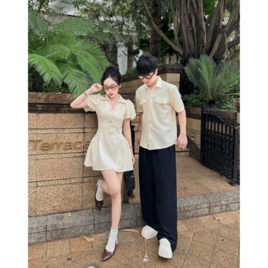 Set Đồ Đôi Đi Tiệc Kem Cotton Tay Bồng Đính Nơ Forever Couple Nữ max 90kg Nam max 110kg 4