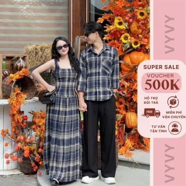 Set đồ đôi kẻ caro Váy yếm nữ & sơ mi nam - VyVy Cloth giá ưu đãi 73,450₫