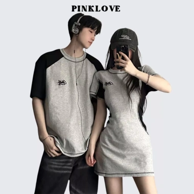 Set đồ đôi nam nữ Hàn Quốc mùa hè PINKLOVE P171 màu ghi xám mix đen thêu chữ thời trang giảm giá 22%
