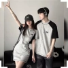Set đồ đôi nam nữ Hàn Quốc mùa hè PINKLOVE P171 màu ghi xám mix đen thêu chữ thời trang giảm giá 22% 4