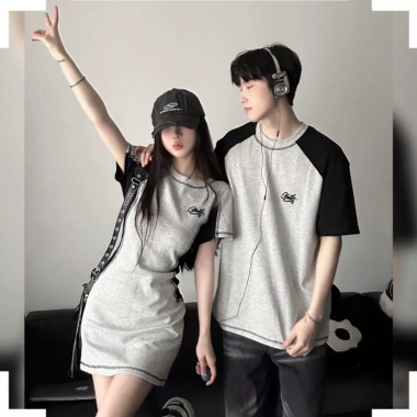 Set đồ đôi nam nữ Hàn Quốc mùa hè PINKLOVE P171 màu ghi xám mix đen thêu chữ thời trang giảm giá 22%