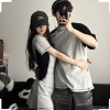 Set đồ đôi nam nữ Hàn Quốc mùa hè PINKLOVE P171 màu ghi xám mix đen thêu chữ thời trang giảm giá 22% 5