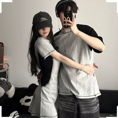 Set đồ đôi nam nữ Hàn Quốc mùa hè PINKLOVE P171 màu ghi xám mix đen thêu chữ thời trang giảm giá 22%