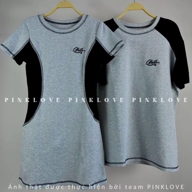 Set đồ đôi nam nữ Hàn Quốc mùa hè PINKLOVE P171 màu ghi xám mix đen thêu chữ thời trang giảm giá 22%