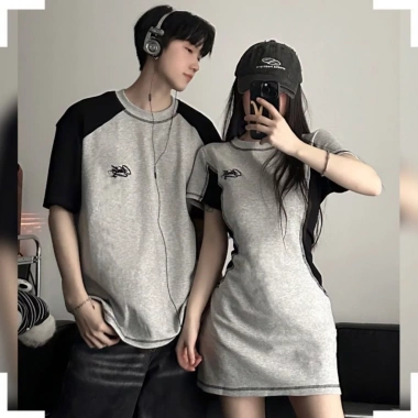 Set đồ đôi nam nữ Hàn Quốc mùa hè PINKLOVE P171 màu ghi xám mix đen thêu chữ thời trang giảm giá 22%