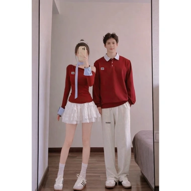 Set đồ đôi Noel Tết áo tay dài lệch vai đỏ và caro xanh biển - Xinh xắn, chỉ 149.000₫