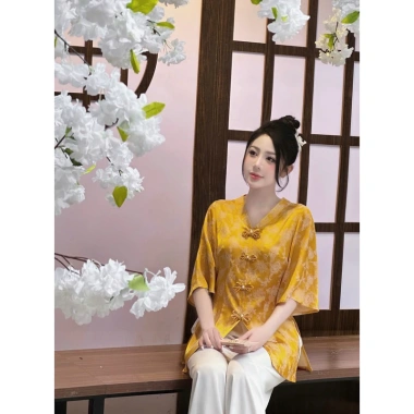 Set đồ lam đi chùa cổ V tay tiên khuy tết - Thiết kế điệu đà, giá ưu đãi 253.500đ
