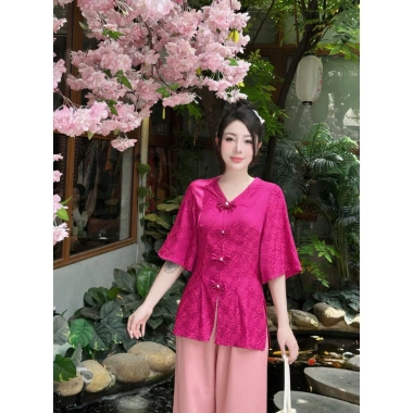 Set đồ lam đi chùa cổ V tay tiên khuy tết - Thiết kế điệu đà, giá ưu đãi 253.500đ